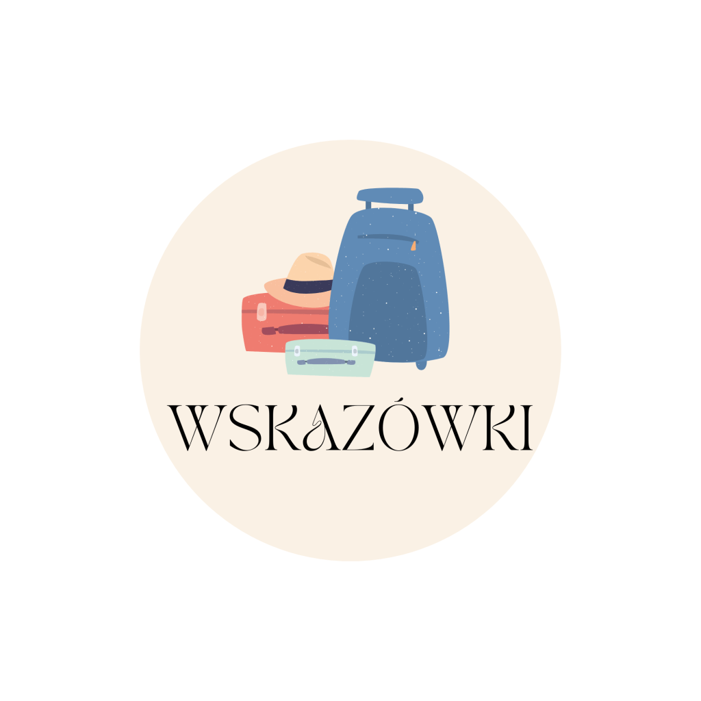 Ilustracja bagażu i kapelusza na tle okrągłym z napisem 'Wskazówki'.