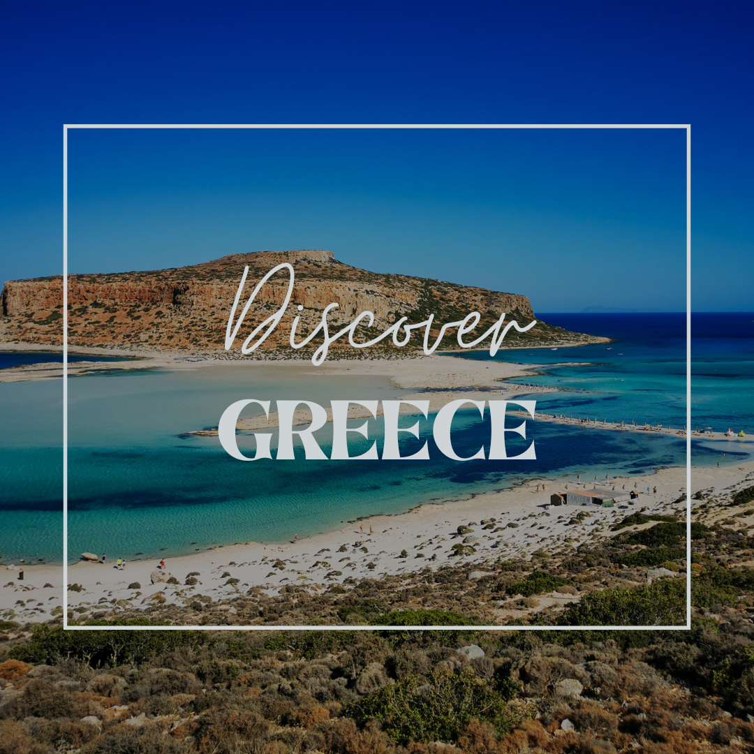 A scenic view of a beach in Greece with turquoise waters and a rocky island in the background. The text overlay reads 'Discover Greece'.