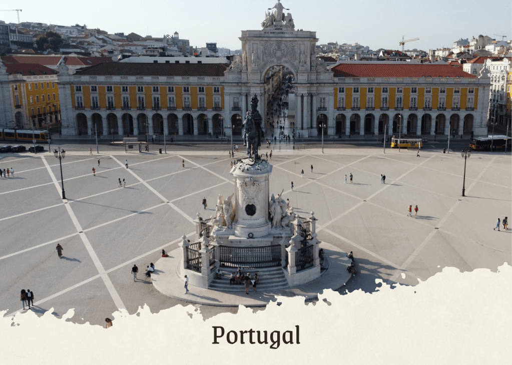 Aerial view of a historic square Praça do Comércio in Portugal, featuring a statue in foreground and colorful buildings in the background.