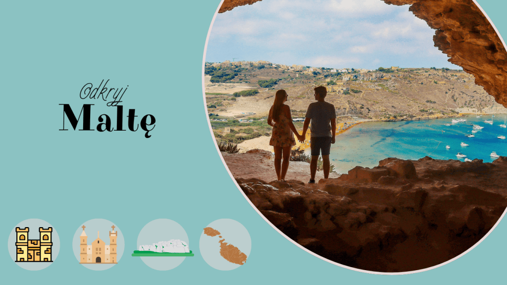 A couple holding hands while standing in a cave overlooking a scenic coastal view of Malta, with boats on the water and green hills in the background.