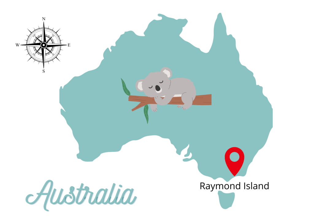 Mapa lokalizacji Raymond Island z koalą śpiącą na konturze Australii