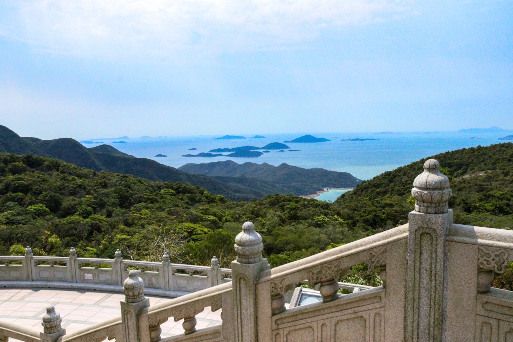 anoramic view of sea and islands with staircase foreground, Lantau Island, Hong Kong.