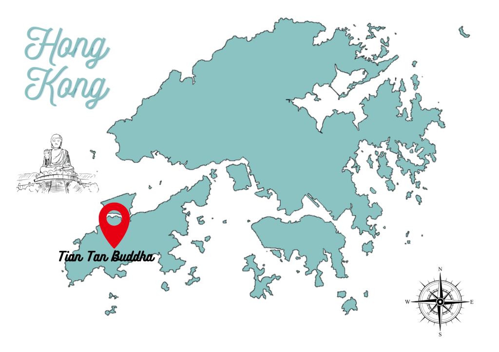 Map of Hong Kong highlighting the location of the Tian Tan Buddha with a red marker, featuring an illustration of the Buddha.