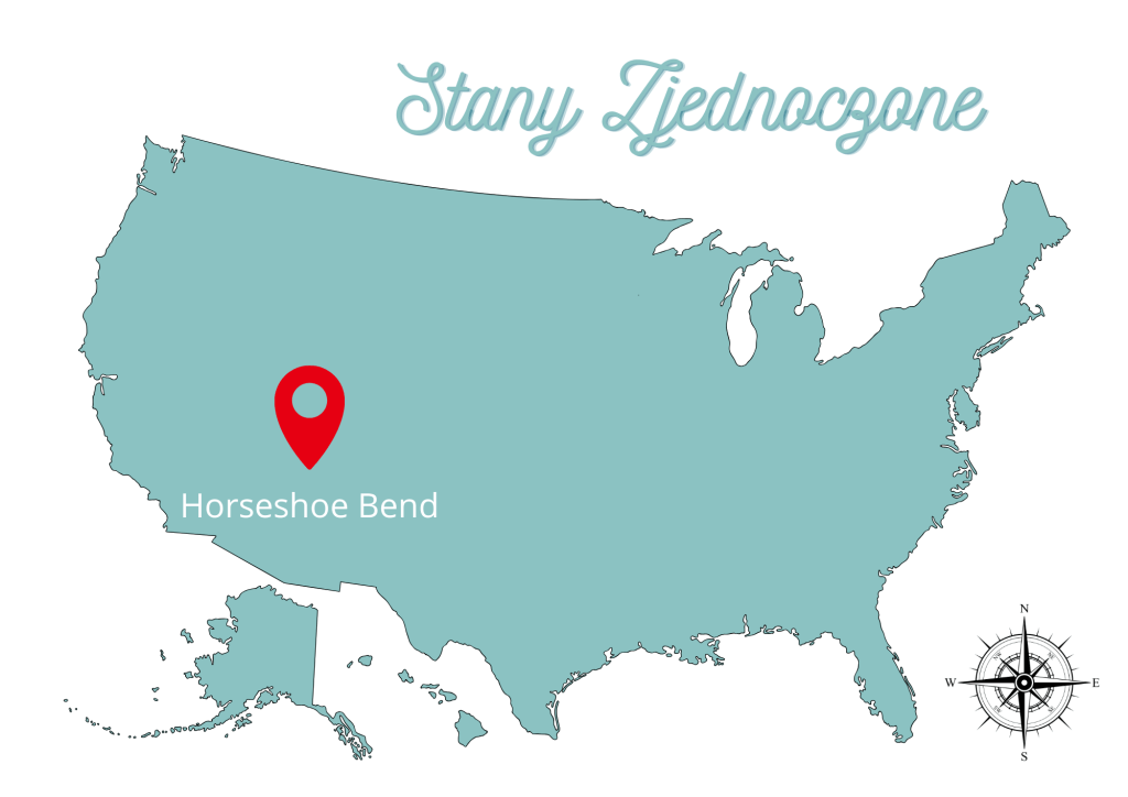 Mapa Stanów Zjednoczonych z zaznaczoną lokalizacją Horseshoe Bend w stanie Arizona, wskazującą geograficzne położenie tego popularnego miejsca turystycznego.