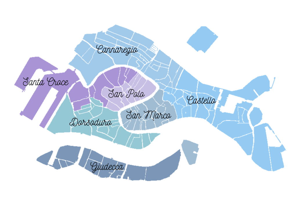 Mapa Wenecji z oznaczonymi dzielnicami: Santa Croce, San Polo, Dorsoduro, San Marco, Castello i Giudecca.