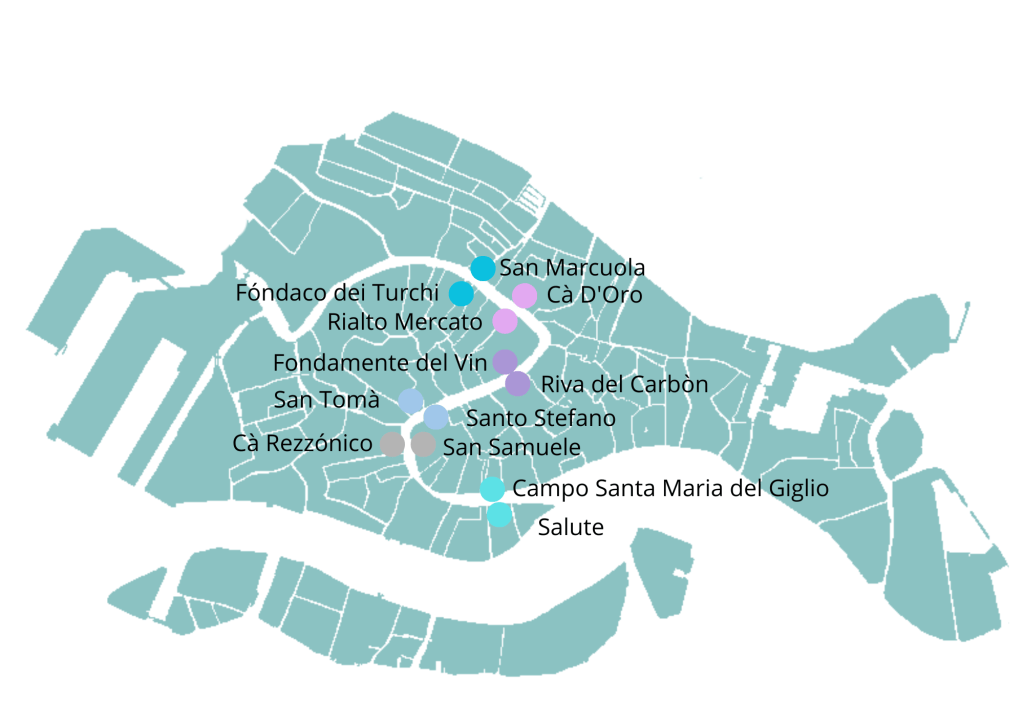 Wenecja – jak się poruszać po Mieście Dożów? Mapa Wenecji z zaznaczonymi punktami, takimi jak Fóndo dei Turchi, Rialto Mercato, San Tomà i inne.
