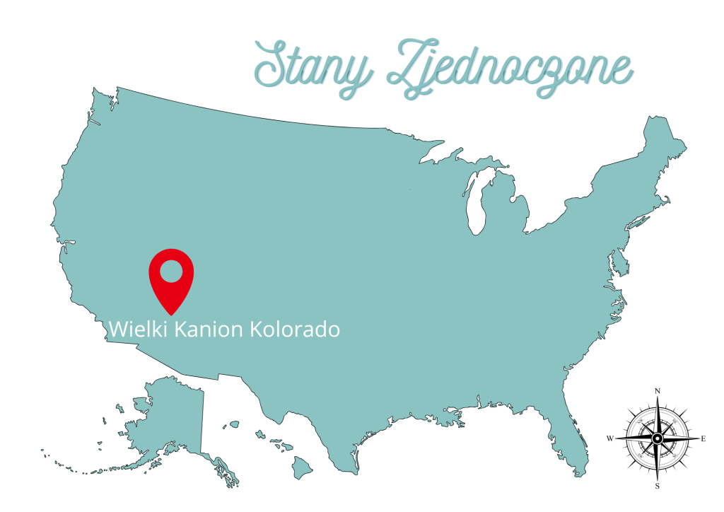 Mapa Stanów Zjednoczonych z zaznaczoną lokalizacją Wielkiego Kanionu Kolorado.