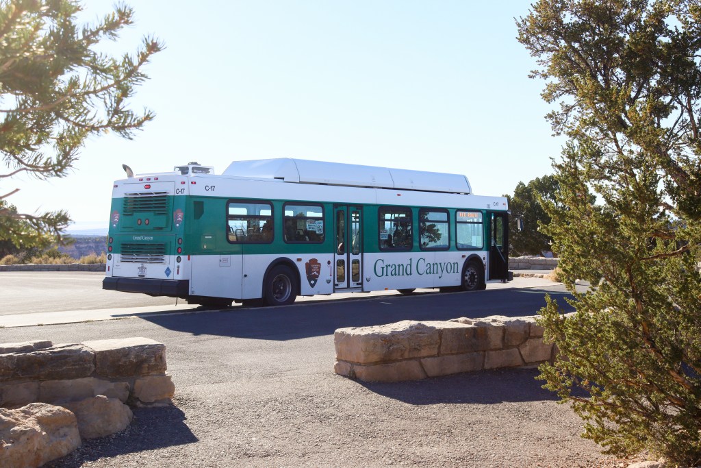 Zielony autobus z napisem "Grand Canyon" zaparkowany obok kamiennych bloków i drzew piniowych na parkingu w parku narodowym Wielkiego Kanionu.