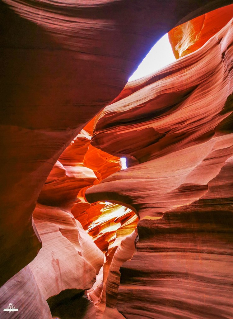 Winding slot canyon passage with layered red sandstone walls in Antelope Canyon