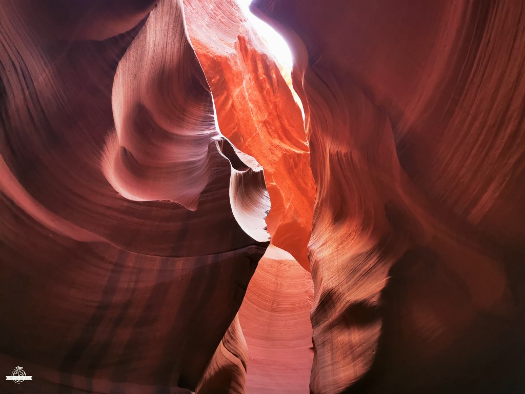 Formações rochosas circulares e fluidas do Lower Antelope Canyon, com padrões ondulados em tons de vermelho escuro e laranja, iluminadas por luz suave que cria contrastes dramáticos nas texturas arenosas.