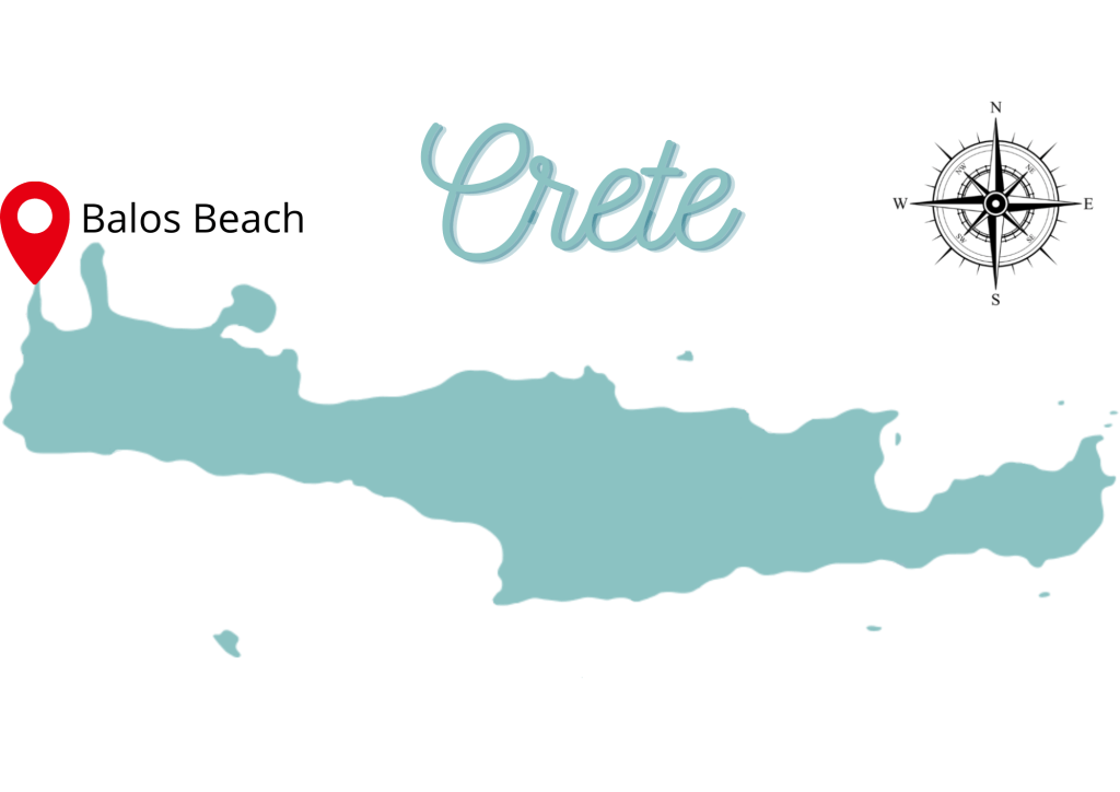 Mapa wyspy Kreta z zaznaczonym plażą Balos, kompas w rogu