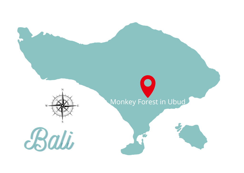 Mapa Bali z zaznaczeniem Monkey Forest w Ubud, z kompasem i napisem 'Bali'.