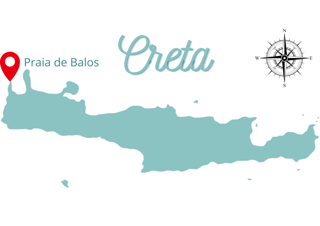 Mapa de Creta com a localização da Praia de Balos assinalada e uma bússola.