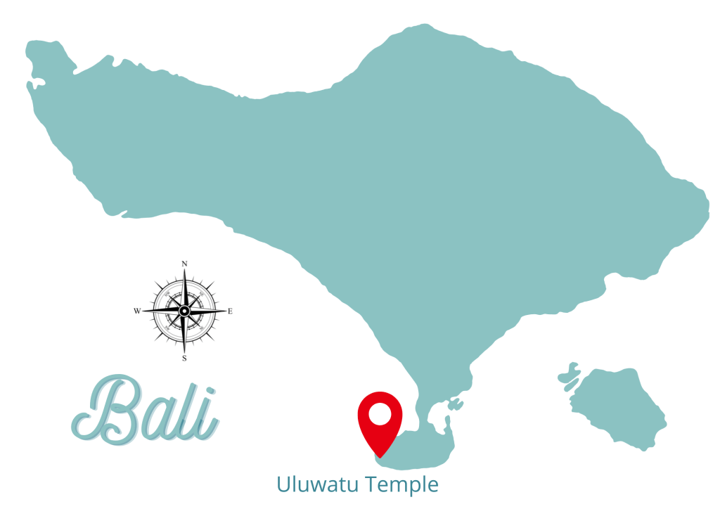 Uluwatu Temple in Bali: The Complete Travel Guide Mapa Bali z zaznaczeniem ĆwiÄ
tyni Uluwatu na poĆudniowym wybrzeĆŒu, z kompasem i nazwÄ
Bali.