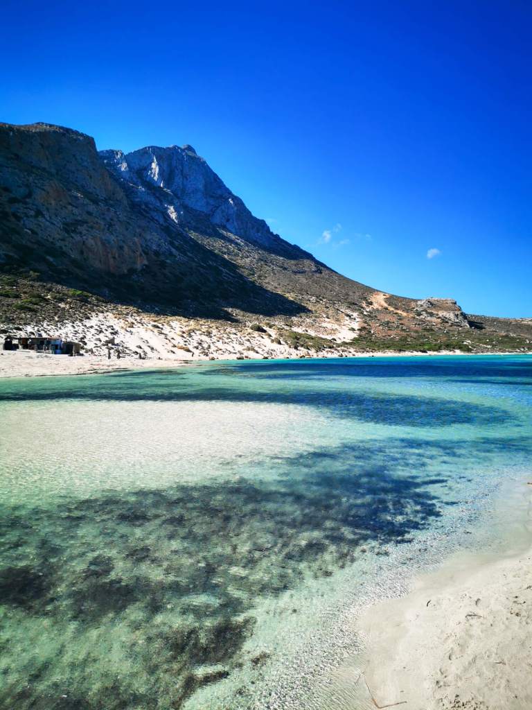 Various shades of blue and turquoise water in Balos Lagoon under a clear blue sky.