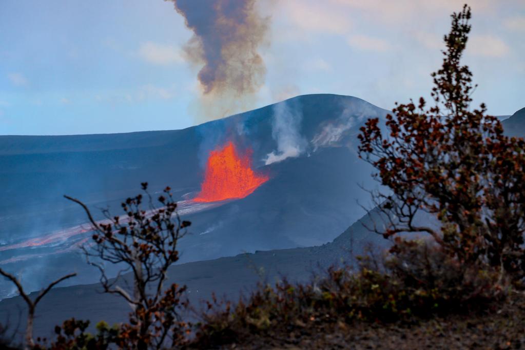 Wysoki słup dymu wulkanicznego i aktywna erupcja Kīlauea widziana zza hawajskiej roślinności.