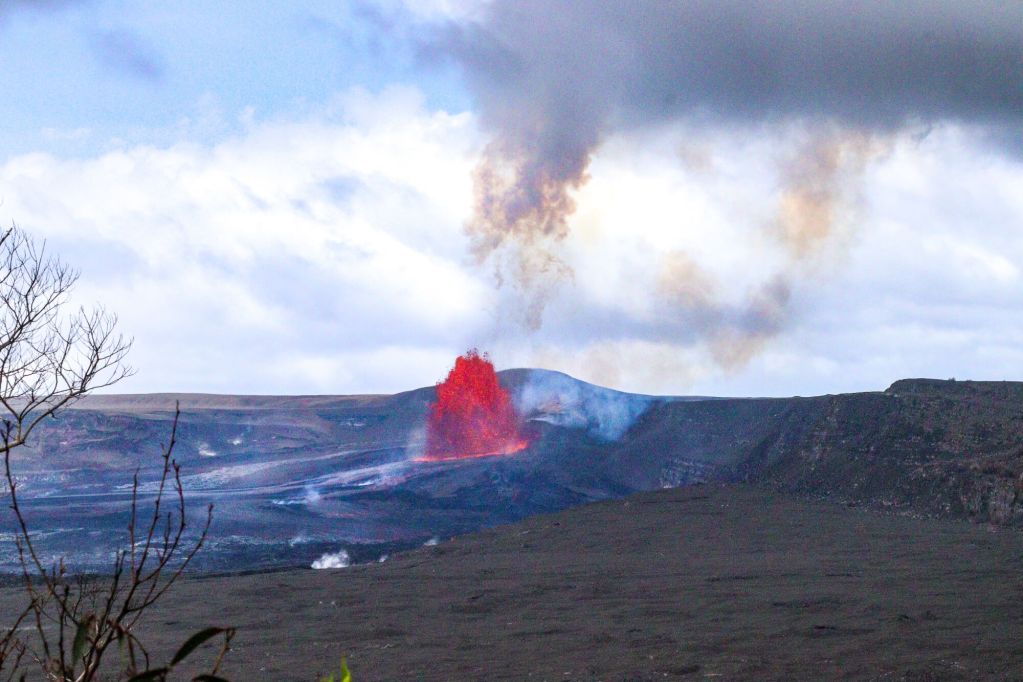 Erupcja Kīlauea oglądana z punktu widokowego z gałęziami drzew na pierwszym planie