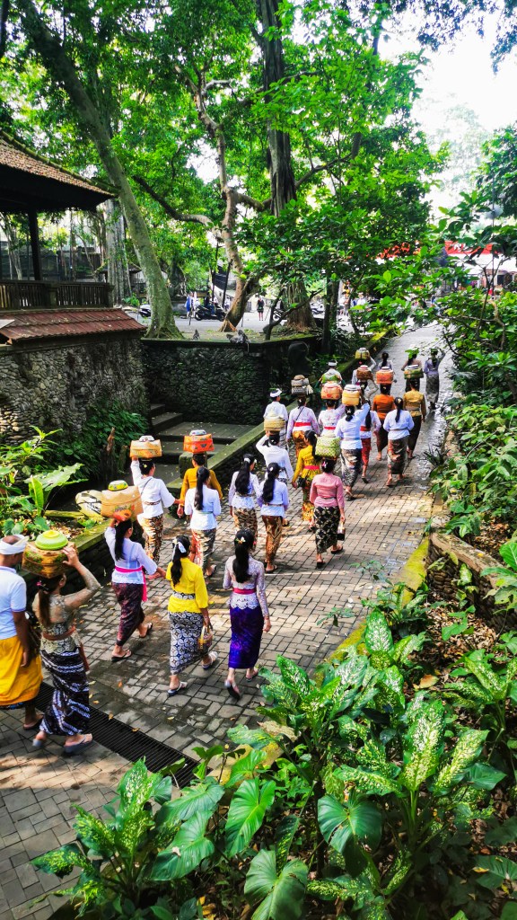 A procession of Balinese women in traditional dress carrying ceremonial offerings on their heads in Ubud.
