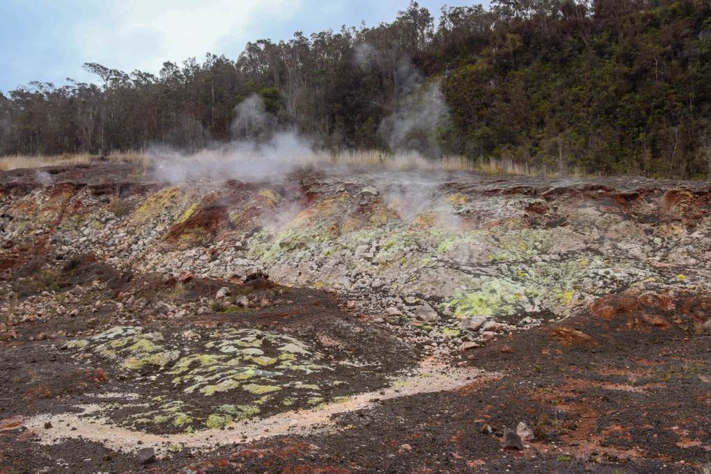 Colourful sulphur deposits and rising steam at the Sulphur Banks (Ha‘akulamanu) in Hawaiʻi Volcanoes National Park on the Big Island.