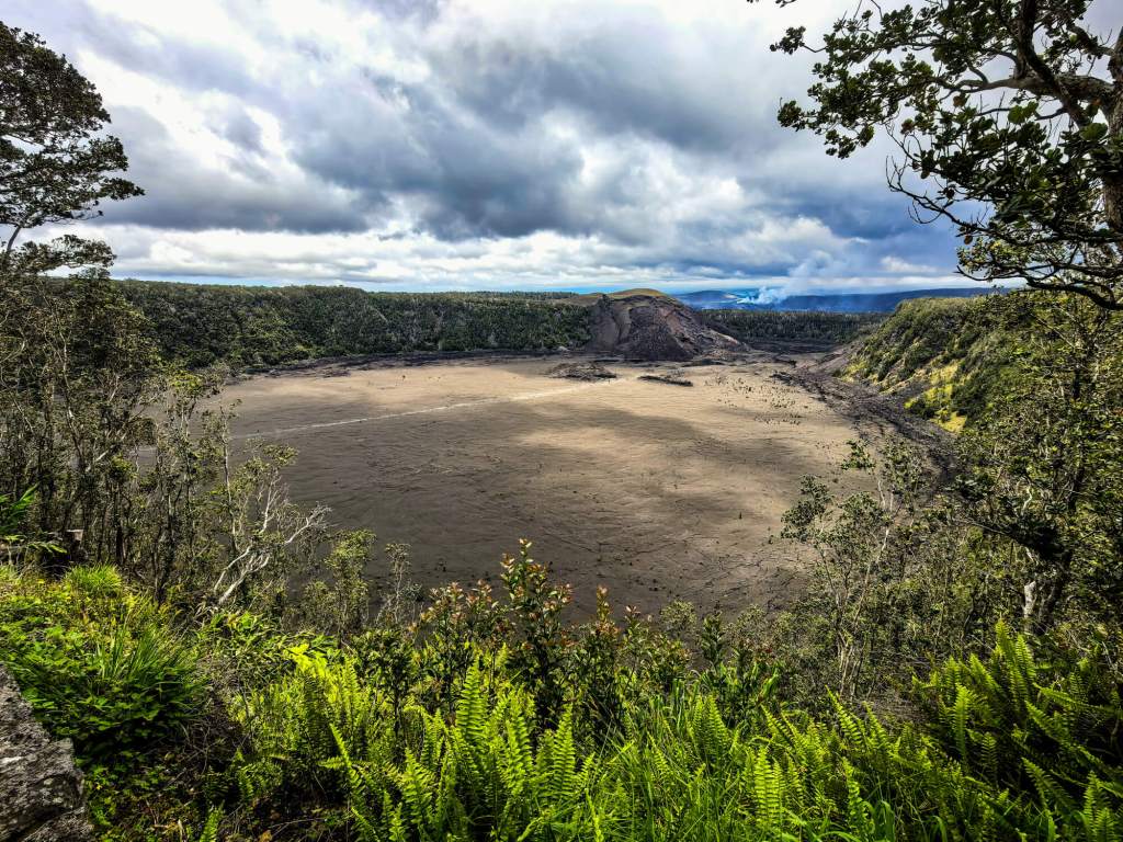A view of the wide Kīlauea Iki volcanic crater, surrounded by a green forest and ferns in Hawaii.