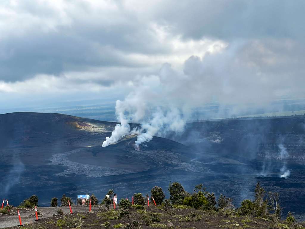 A view of steaming vents and an active volcanic area within the Kīlauea crater at Hawaiʻi Volcanoes National Park.