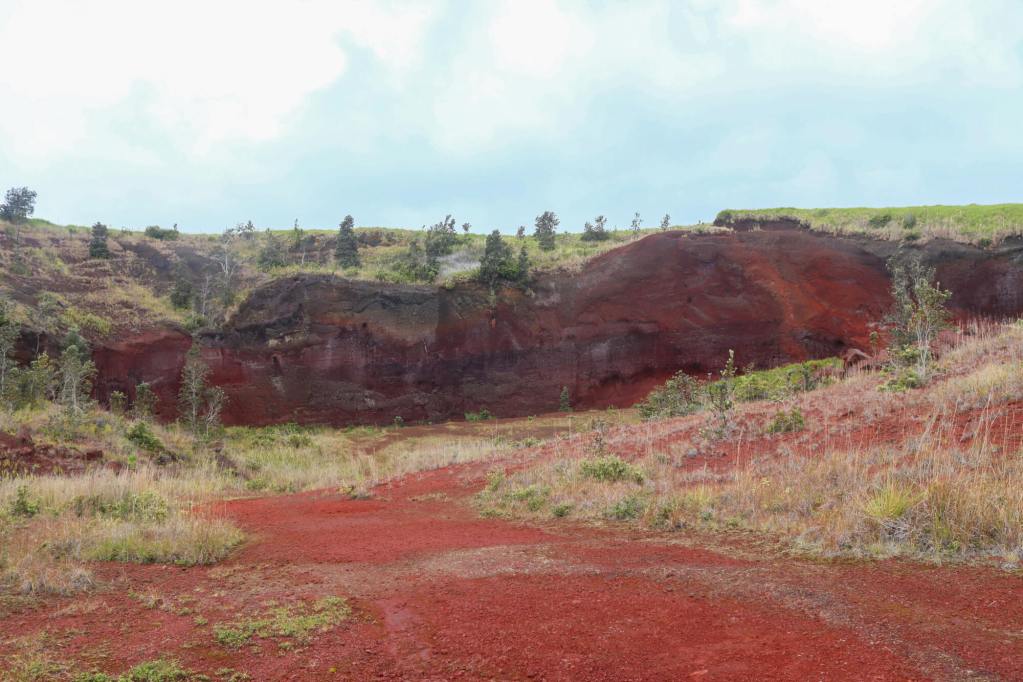 A red volcanic landscape in the Kahuku Unit of Hawaiʻi Volcanoes National Park on the Big Island.