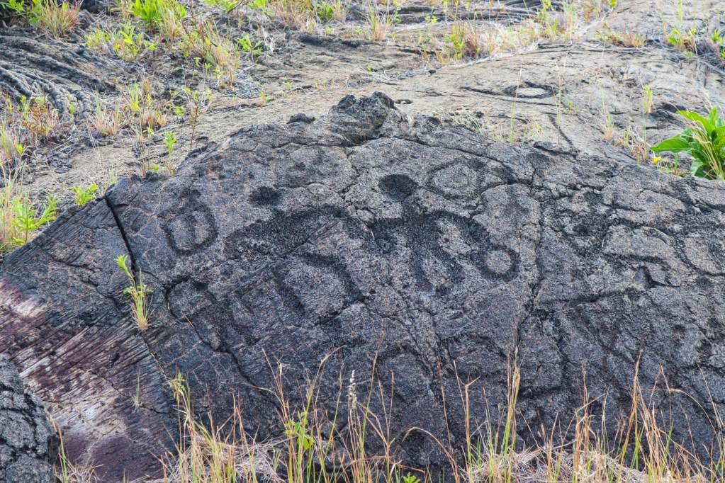 A close-up of the Puʻuloa petroglyphs carved into lava rock in Hawaiʻi Volcanoes National Park on the Big Island.